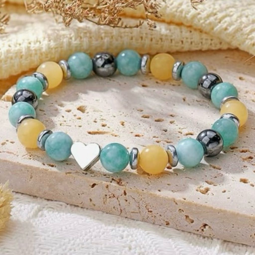 Handcrafted beaded bracelet with natural stones and custom charm