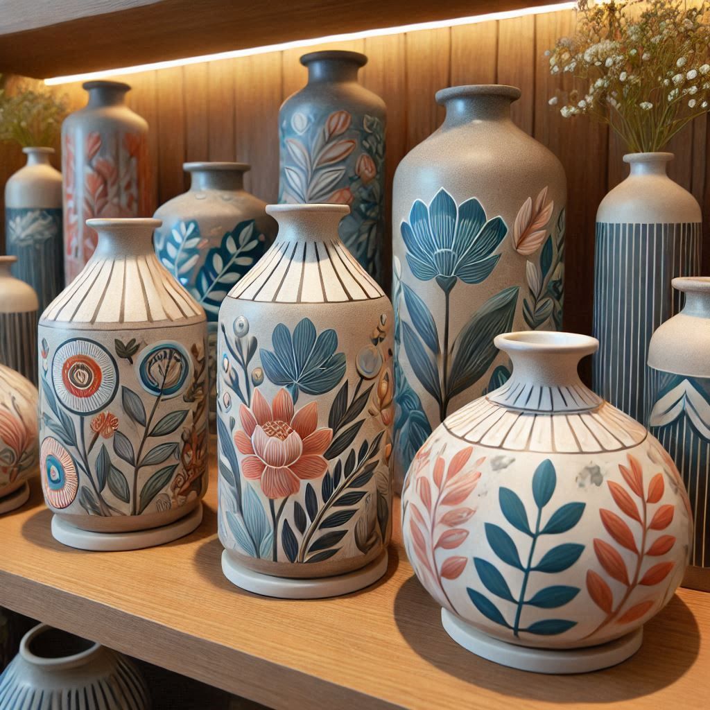 Hand-painted ceramic vase with abstract botanical design